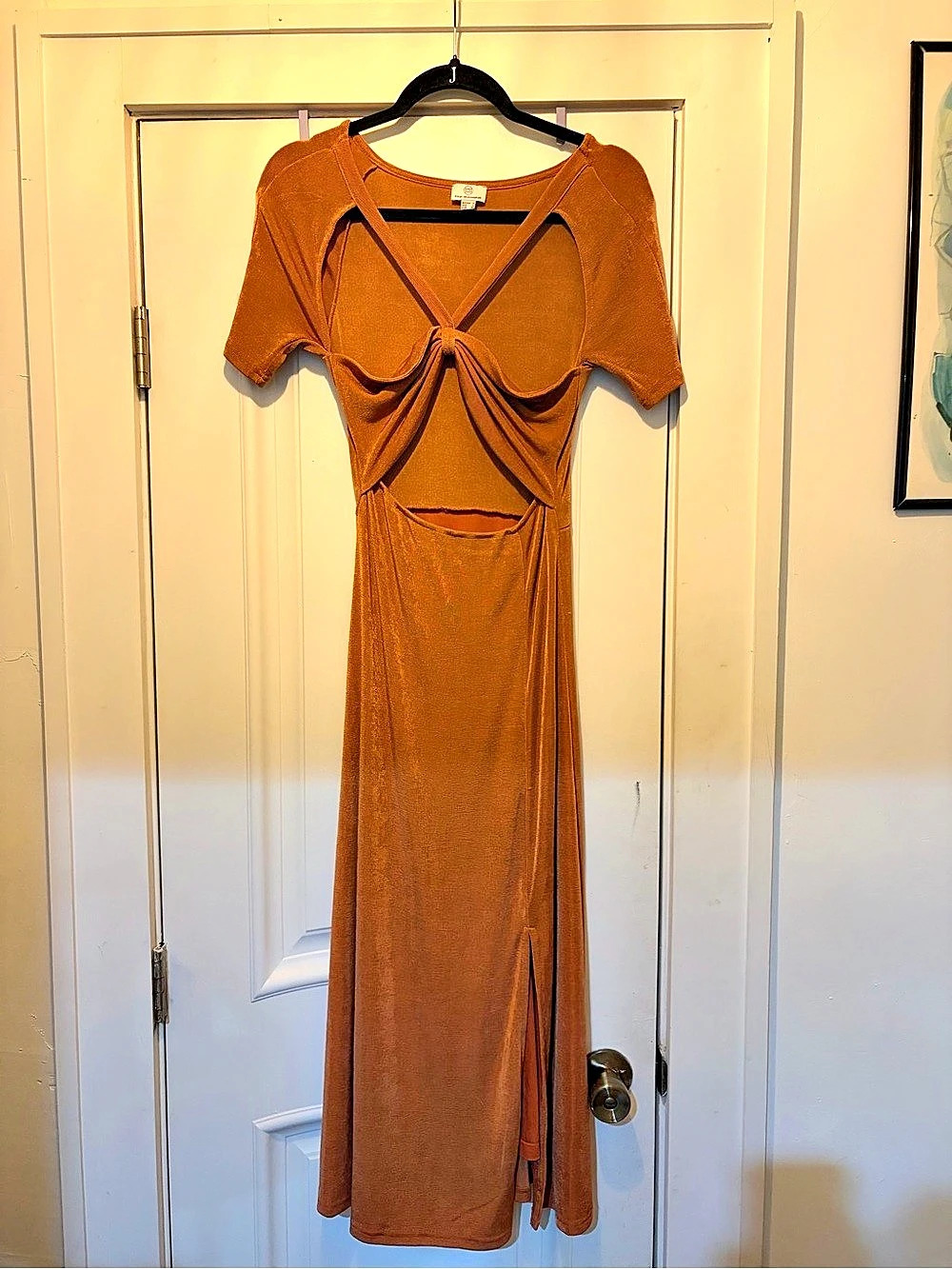 NWOT Pink Diamond Ruched Cutout Maxi Dress in Rust Orange, Size 4